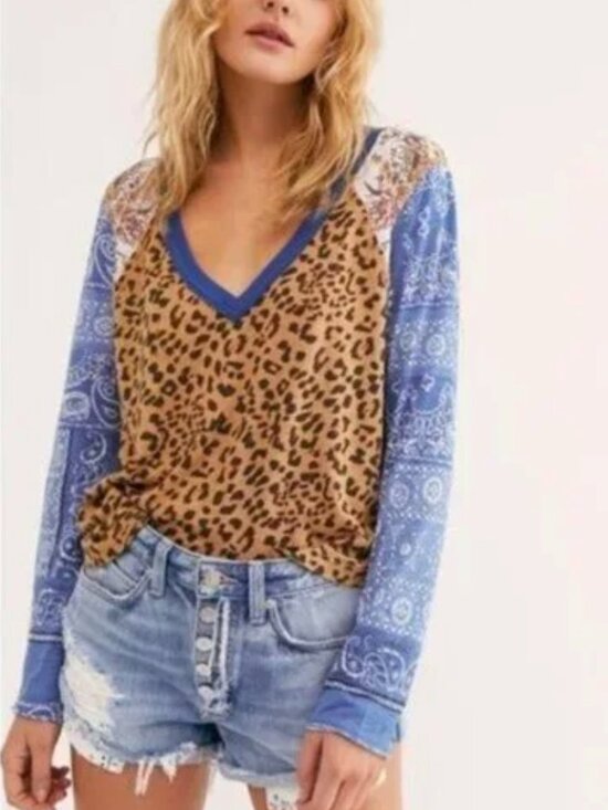 We The Free Tops - Free People We The Free Friday Night Mixed Print Long Sleeve Top Boho Cozy XS